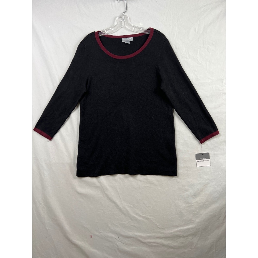 Liz Claiborne Studio Sweater Women Large Black Burgundy Trim 3/4 Sleeve 814-0153